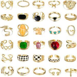 30pc 18K Gold Chunky Twisted Signet & Stackable Knuckle Midi Rings - Trendy